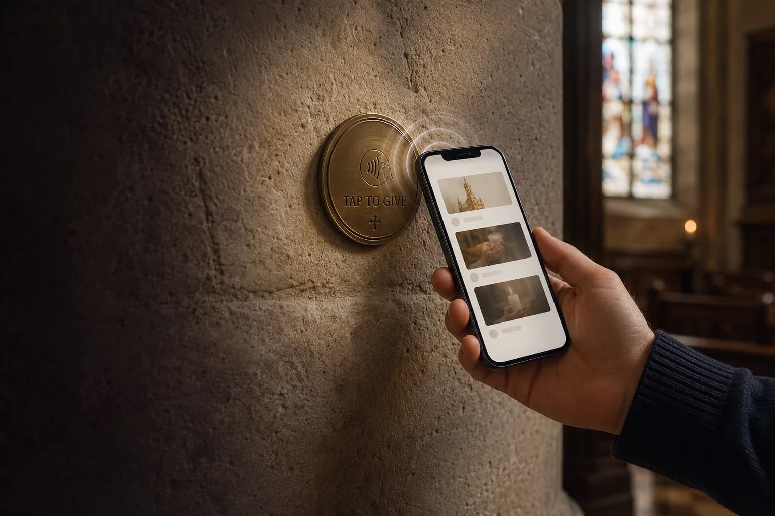 Close-up of a phone touching a bronze “Tap to give” tag on a stone wall.