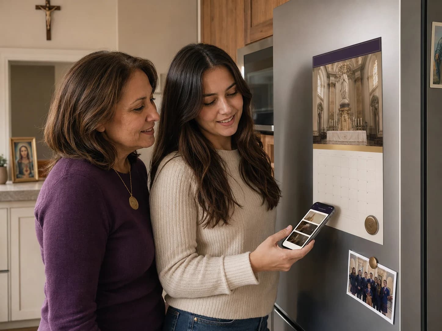 A mother and daughter tap a phone to a parish calendar mounted on their refrigerator.