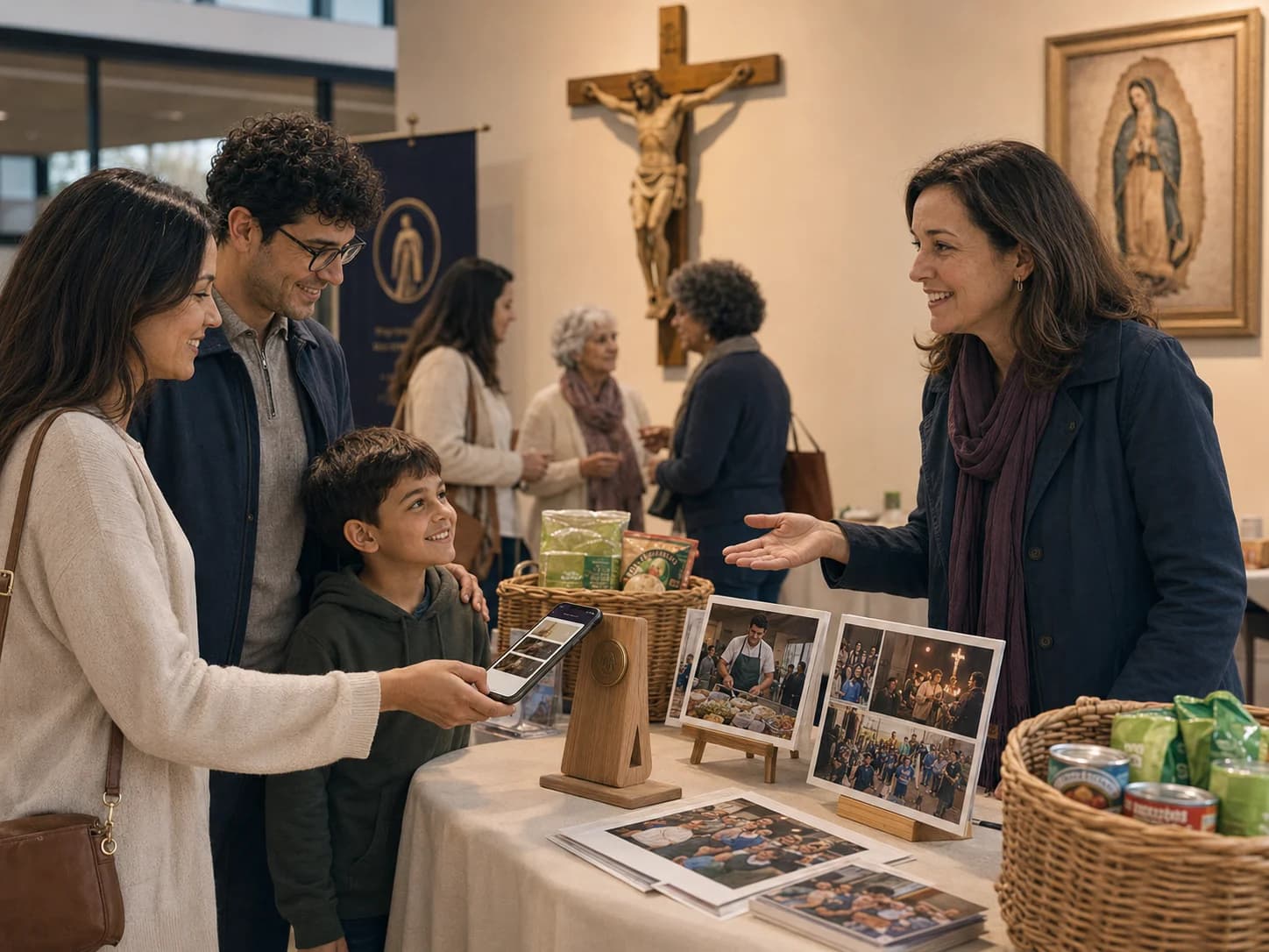 A family taps a phone to a small wooden giving stand at a parish ministry table.