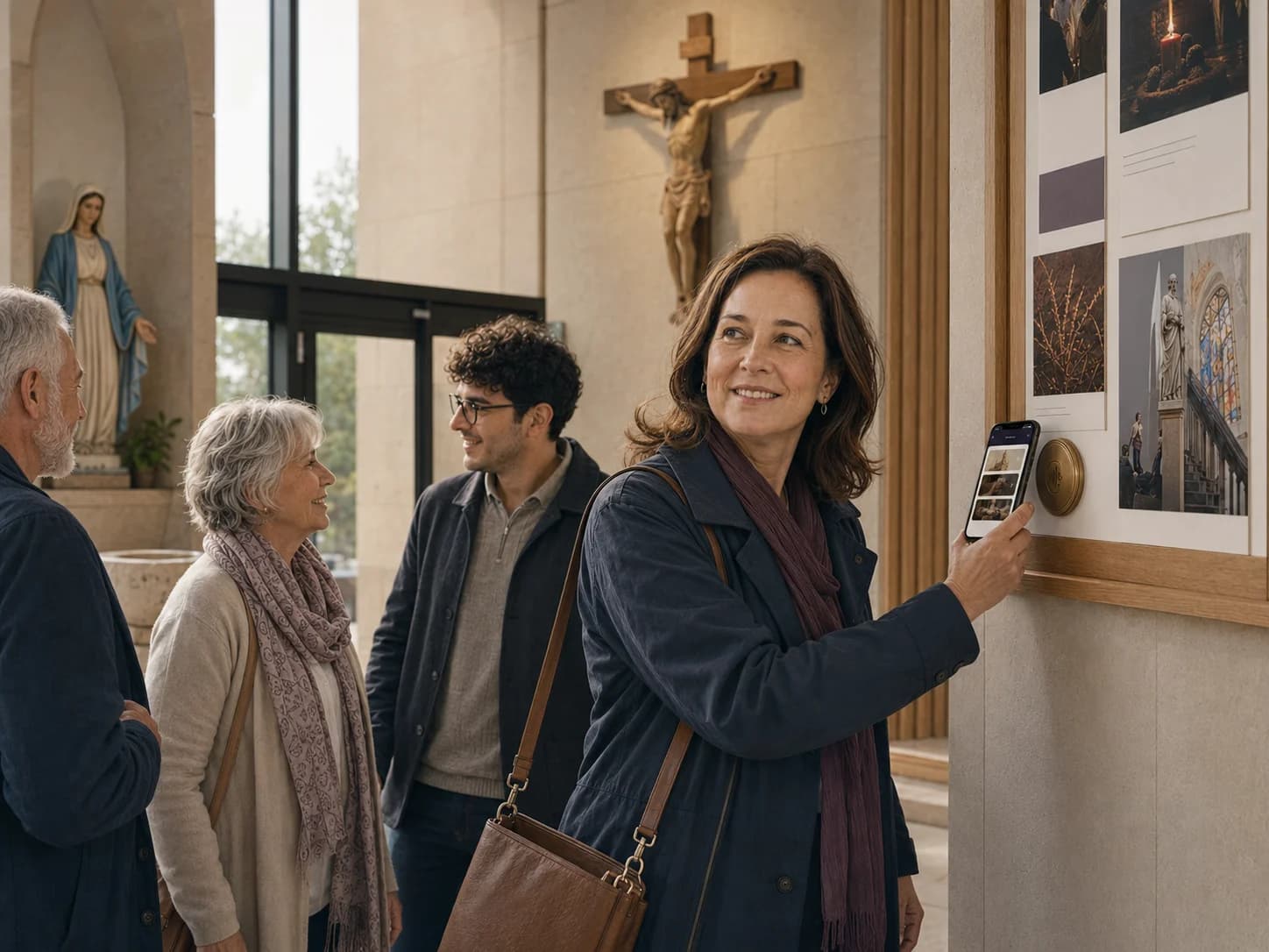 A woman taps her phone to a bronze tag on a parish announcement board while parishioners talk nearby.