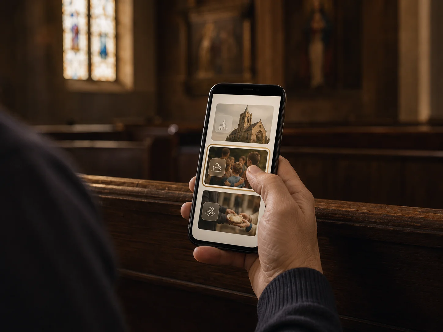 A hand holds a phone in a church pew, choosing a parish cause on screen.