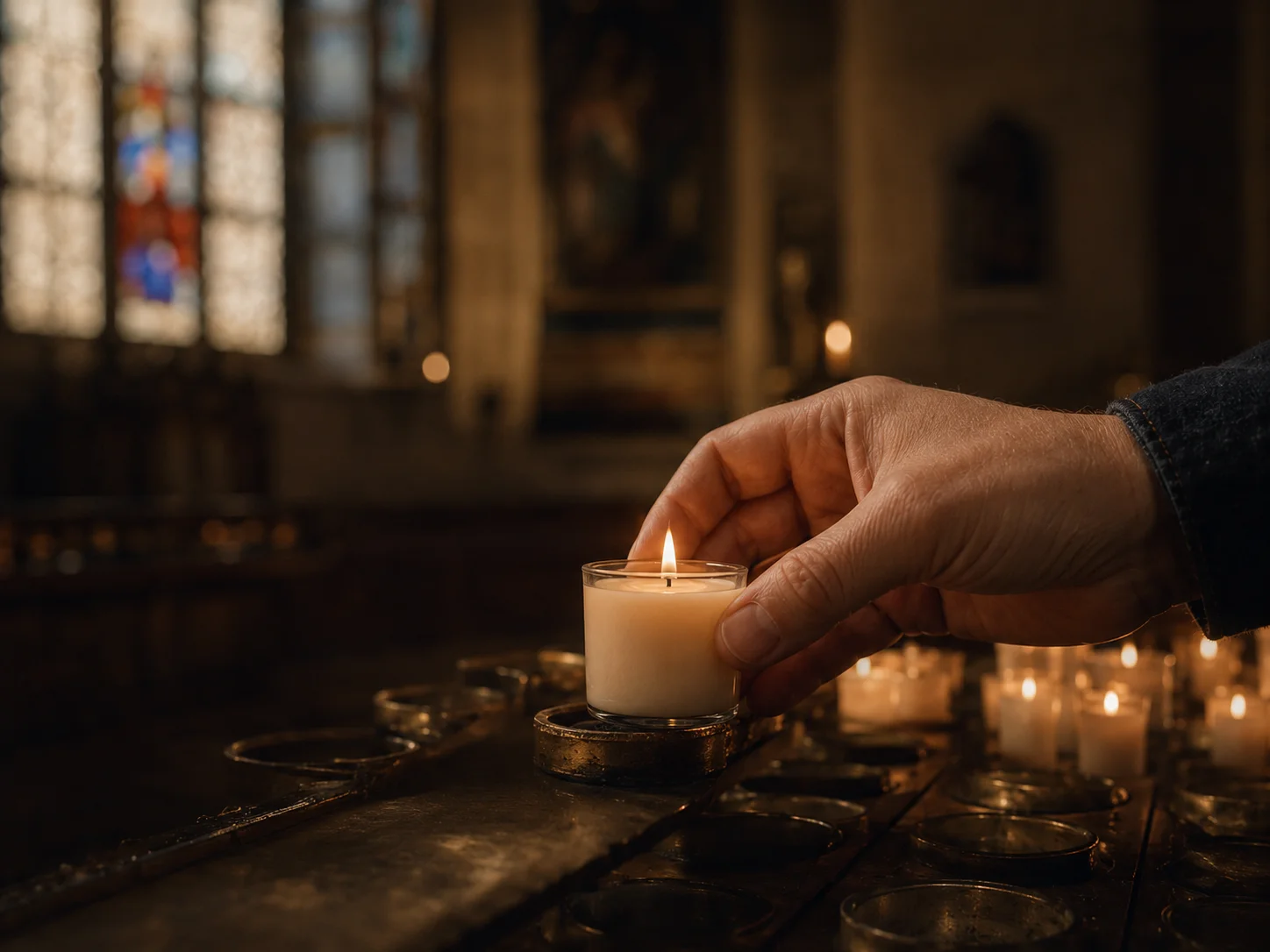 A hand places a lit votive candle among rows of glowing candles.